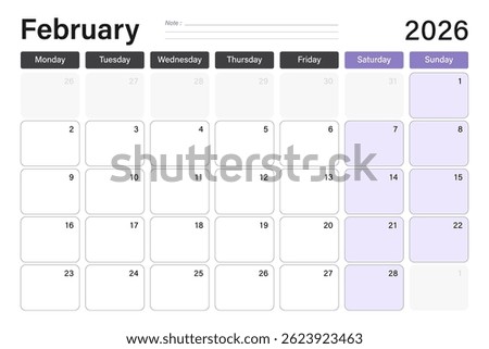 February 2026 calendar or desk planner in soft gray and purple colors with empty note lines, weeks start on Monday, vector illustration design