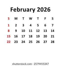 february 2026. Calendar with holydays or red dates. monthly calendar design with week starts on sunday. printable, simple, and clean vector design isolated on white background.