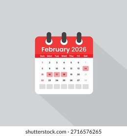 Vector Calendar Icon de febrero de 2026. Ilustración del Planificador Mensual Limpio — Limpie la Ilustración vectorial del ícono del calendario de febrero de 2026 para la planificación de oficinas y la programación de eventos.