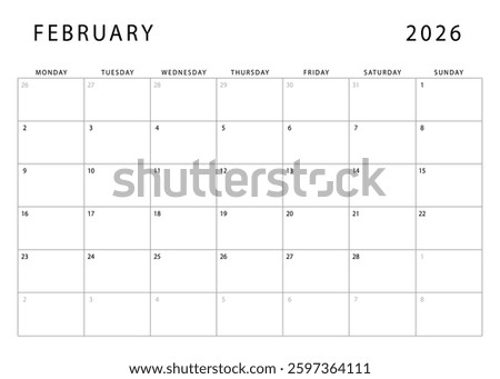 February 2026 calendar. Monthly planner template. Monday start. Vector design