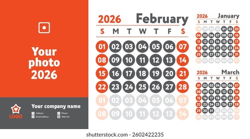 February 2026 calendar. New year wall planner design. English calender. Red color vector template. Week starts on Sunday. Business planning. 