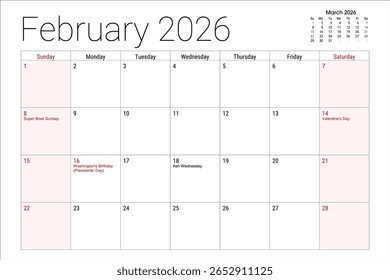 Página do calendário de fevereiro de 2026 com o Dia dos Namorados do Super Bowl de domingo e o Dia dos Presidentes marcado