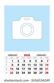 fevereiro 2026 calendário planejador A3 tamanho com lugar para sua foto. Planejador vetorial.
