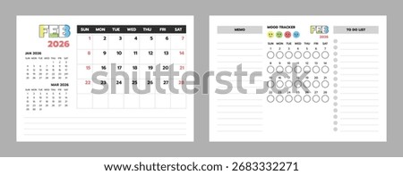 February 2026 calendar with planner, memo, to-do list, and mood tracker. Perfect for planners and bullet journals.