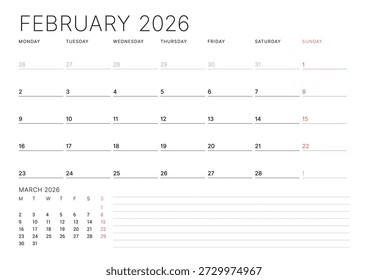 February 2026 calendar planner template. Week starts on Monday. Modern minimalist design for effective scheduling and organization. Vector illustration, perfect for a printable business agenda layout