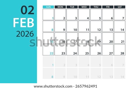 February 2026 Calendar Planner - Vector. Template Mock up