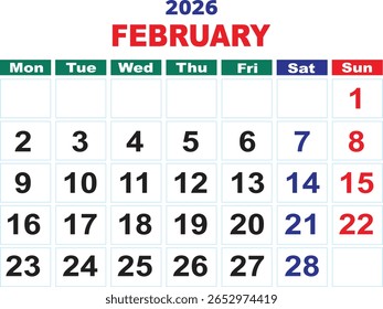 February 2026 calendar template, clean printable month planner layout, editable grid for daily use