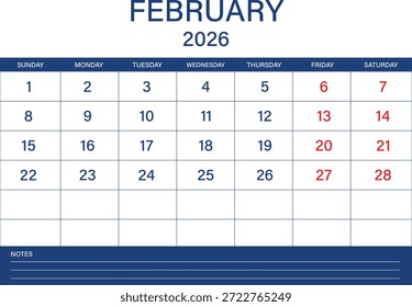 February 2026 calendar template, clean blue weekly planner with notes section.
