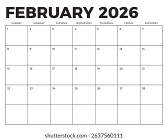 February 2026 Calendar. Week starts on Sunday. Blank Calendar Template. Fits Letter Size Page. Stationery Design.