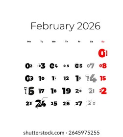 February 2026 calendar. The week starts on Monday, vector