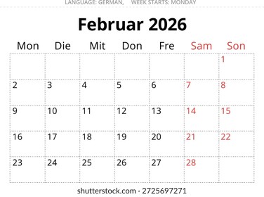 Februar 2026 Deutscher Kalender-Planer - Februar. Vektorgrafik für Deutschland
