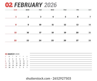 Fevereiro 2026 Modelo de calendário mensal para planejamento e organização melhora o fluxo de trabalho da equipe e o rastreamento diário de tarefas com layout minimalista claro. A semana começa no domingo. ilustração vetorial