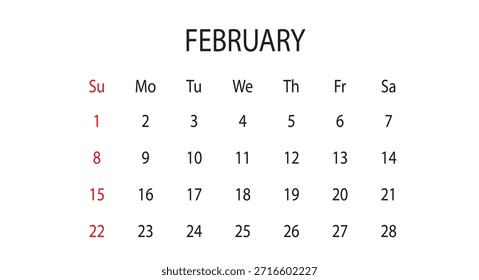 Febrero 2026 Calendario Mensual Plantilla de Vector (Planificador del Mes de San Valentín, Diseño Limpio y Minimalista)