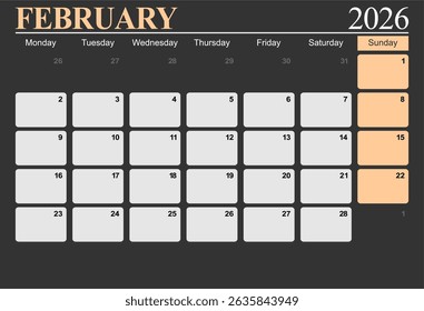 February 2026 monthly desk calendar for 2026 year, The week start on monday, EPS file vector.