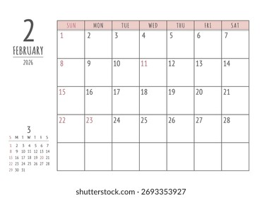 February 2026
Simple Write-In Calendar