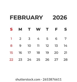 Februar 2026, Vektorkalender-Raster einzeln auf weißem Hintergrund
