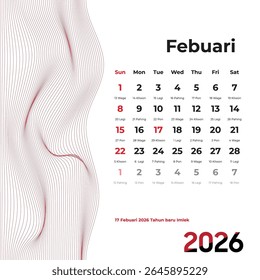 February 2026 Weton calendar with flowing lines and Javanese Pasaran cycle, emphasizing harmony in daily life and traditional Indonesian timekeeping.