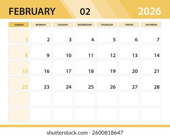 February 2026 year template, Calendar 2026 design vector, Desk calendar 2026, planner monthly design, Wall calendar, Minimal style, poster, Week Starts on Sunday, printing media, yellow background