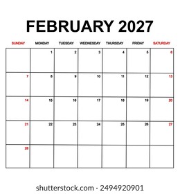 february 2027 calendar with holydays or red dates. monthly calendar design with week starts on sunday. printable, simple, and clean vector design isolated on white background.