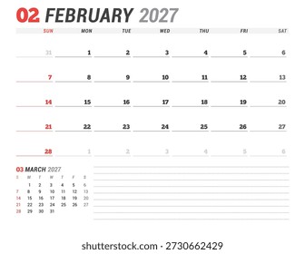 February 2027 calendar planner template. Week starts on Monday. Modern minimalist design for effective scheduling and organization. Vector illustration, perfect for a printable business agenda layout
