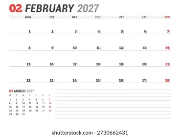 February 2027 calendar planner template. Week starts on Monday. Modern minimalist design for effective scheduling and organization. Vector illustration, perfect for a printable business agenda layout