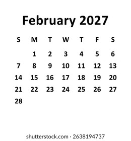 February  2027. monthly calendar design. week starts on Sunday. printable, editable, simple, and clean vector design isolated on white background.