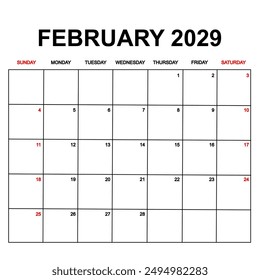 february 2029. Calendar with holydays or red dates. monthly calendar design with week starts on sunday. printable, simple, and clean vector design isolated on white background.