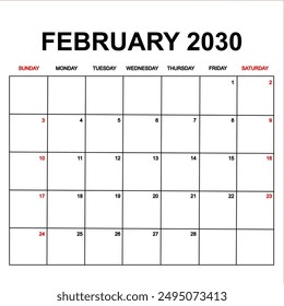 february 2030. Calendar with holydays or red dates. monthly calendar design with week starts on sunday. printable, simple, and clean vector design isolated on white background.