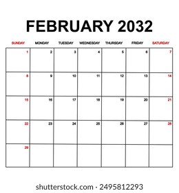 february 2032. Calendar with holydays or red dates. monthly calendar design with week starts on sunday. printable, simple, and clean vector design isolated on white background.