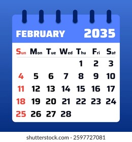 February 2035 Calendar Design. Vector Illustration of a Romantic February Planner.
