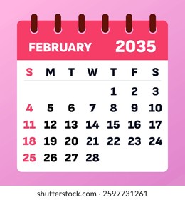 February 2035 Calendar Layout. Vector Illustration of a romantic planner. Monthly template.