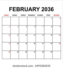 february 2036. Calendar with holydays or red dates. monthly calendar design with week starts on sunday. printable, simple, and clean vector design isolated on white background.