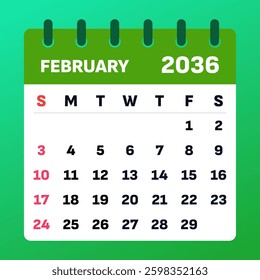 February 2036 Calendar Vector. Monthly planner with soft colors. February 2036 Layout. Flat calendar design. Vector illustration