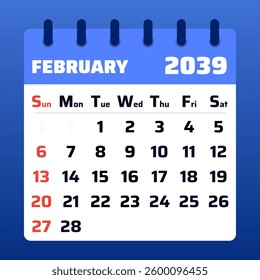 February 2039 Calendar Design. Perfect for  planning. Elegant and simple monthly layout. Vector illustration