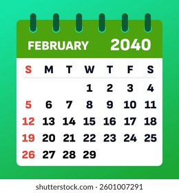 February 2040 Calendar Layout. Vector illustration of a February planner. February 2040 Monthly Calendar. Modern flat design for digital use