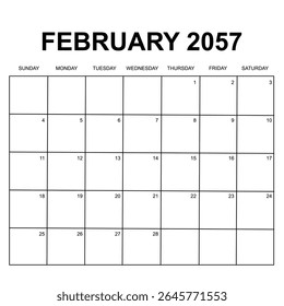 Fevereiro de 2057. design de calendário mensal. semana começa no domingo. design de vetor imprimível, editável, simples e limpo isolado no fundo branco.