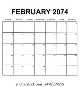 february 2074. monthly calendar design. week starts on sunday. printable, simple, and clean vector design isolated on white background.