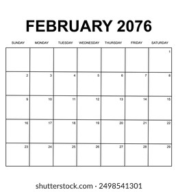 february 2076. monthly calendar design. week starts on sunday. printable, simple, and clean vector design isolated on white background.