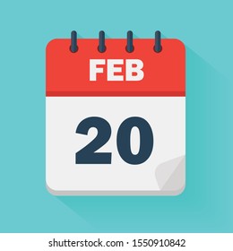 February 20th. Daily calendar icon in vector format.  Date, time, day, month. Holidays