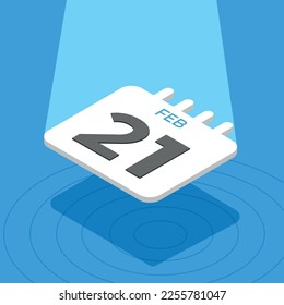 February 21 - 3D calendar floating with spotlight on blue background