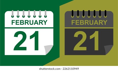 February 21 calendar date on green background or isolated icons with hollow background.