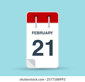 February 21 calendar icon isolated on background. February vector for day of week and month in red. Calendar design vector template. Vertical orientation.