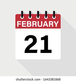 February 21 - Calendar Icon. Calendar Icon with shadow. Flat style. Date, day and month.