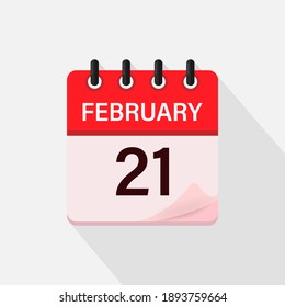 21 de febrero, icono del calendario con sombra. Día, mes. Ilustración vectorial plana.