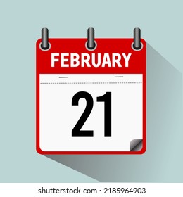 21 de febrero, ilustración vectorial de icono del calendario, aislado en fondo azul claro.