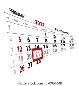 February 21, highlighted on 2017 calendar. Vector Illustration.