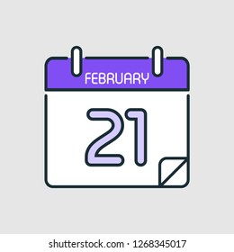 February 21.Calendar icon.Vector illustration,flat style.Date,day of month:Sunday,Monday,Tuesday,Wednesday,Thursday,Friday,Saturday.Weekend,red letter day.Calendar for 2019 year.Holidays in January