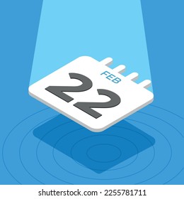 February 22 - 3D calendar floating with spotlight on blue background