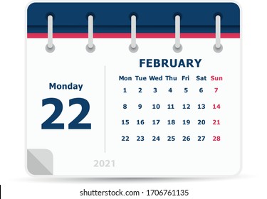 February 22 - Calendar Icon - 2021 - Week starts monday. Calendar design template. 