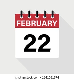 February 22 - Calendar Icon. Calendar Icon with shadow. Flat style. Date, day and month.